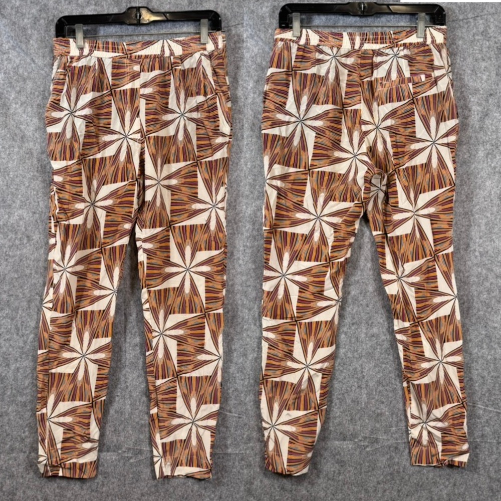 Essentiel Antwerp Pants Womens EU 36 US 4 Brown Silk Tapered Ankle Pinwheel Geo